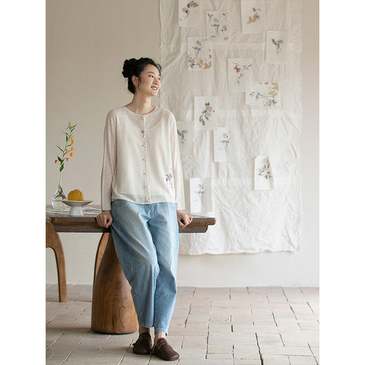 牧衣游原创 棉麻混纺薄毛织外套柔软舒适轻薄百搭长袖防晒衫 幽鸟 商品图3