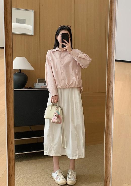 春新品超新颖工装风抽褶减龄前短后长衬衫 商品图11