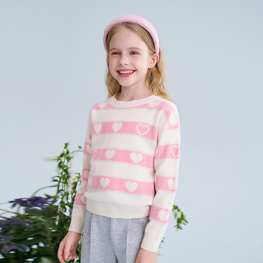 mettekids儿童100%羊绒衫2025春季新款女童条纹爱心毛衣针织童装 商品图1