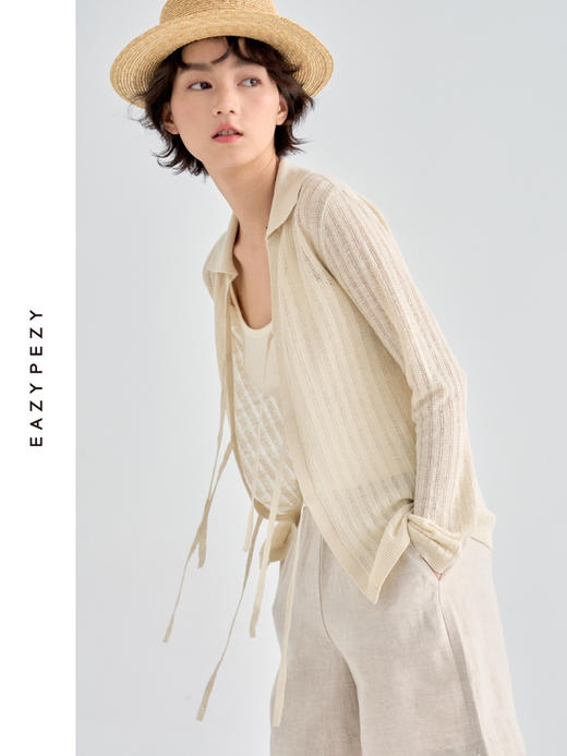 亚麻翻领系带针织开衫 商品图1