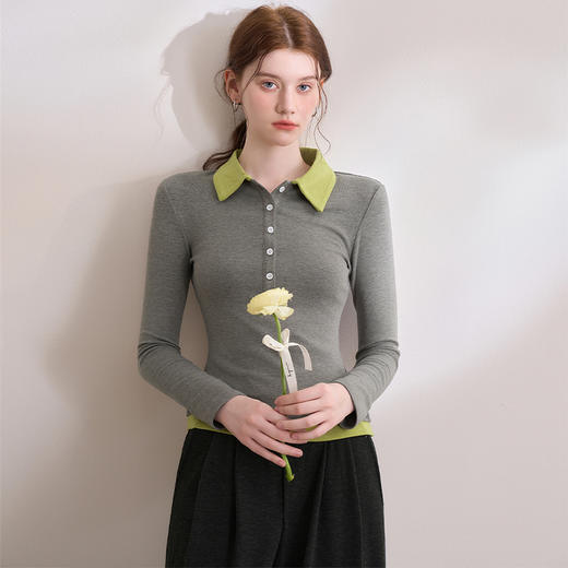 设计感纯欲翻领撞色假两件T恤女2025高弹修身上衣V0050370 商品图2