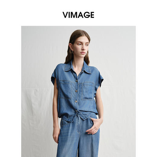 VIMAGE纬漫纪复古港风牛仔蓝短袖衬衫宽松上衣2025夏季新款V2313923 商品图3