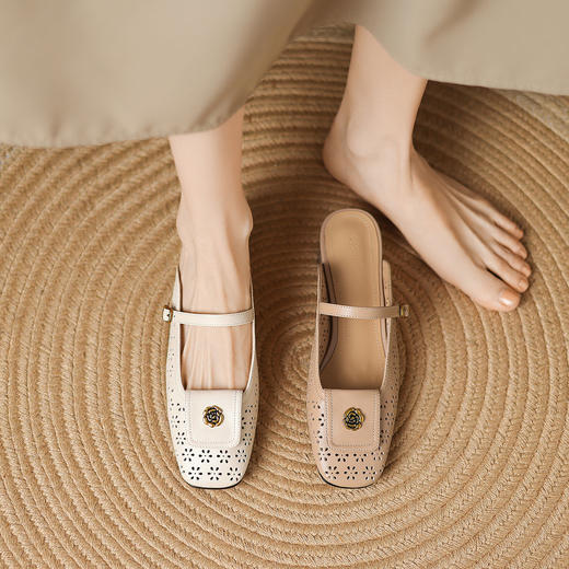 阿么手工女鞋山茶花真皮穆勒鞋粗跟3CM时尚包头一字带拖鞋女外穿 商品图4