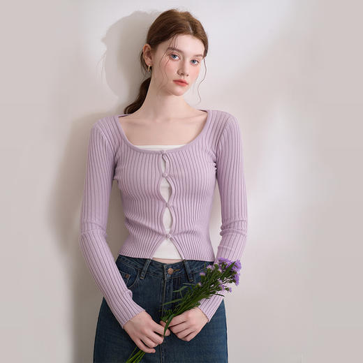 纯欲辣妹甜美拼接花边V领T恤女2025坑条高弹修身上衣V0050375 商品图2