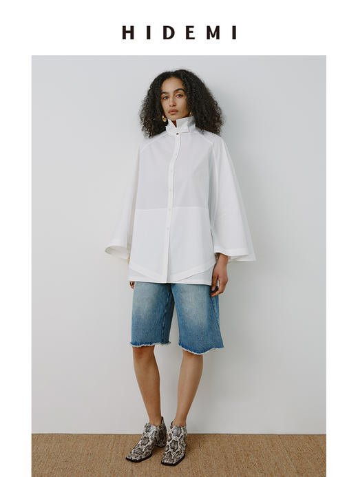 HIDEMI甄选长绒棉极简设计感飘领可立领斗篷式口袋8分袖衬衫上衣 商品图8