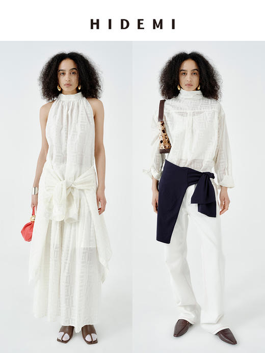 HIDEMI经典几何印花白色植绒复古剪刀领宽松衬衫背心百褶裙三件套 商品图0