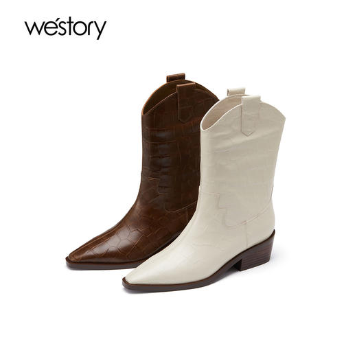 westory小方头粗跟短筒牛仔风套筒鳄鱼纹骑士靴秋冬新款82131 商品图0