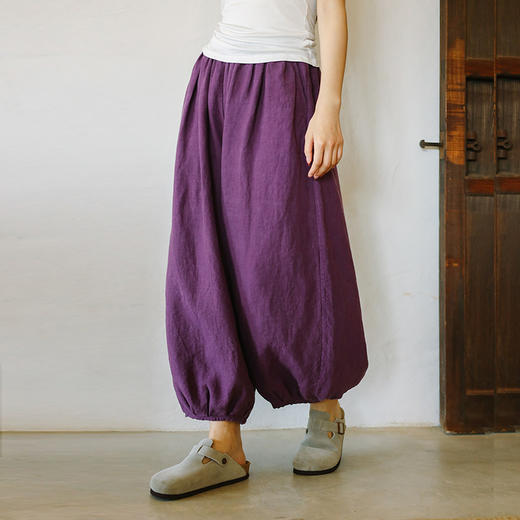绽放099朵/小灯笼休闲裤春夏新款重磅皱纹砂洗亚麻灯笼裤文艺长裤 商品图0