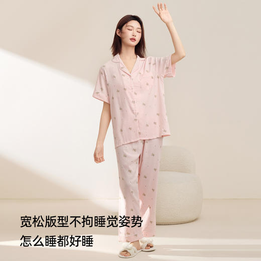 【3件套】熳洁儿女士夏季家居服泡泡棉翻领轻薄透气宽松短袖女士睡衣睡裤女24253001 商品图3