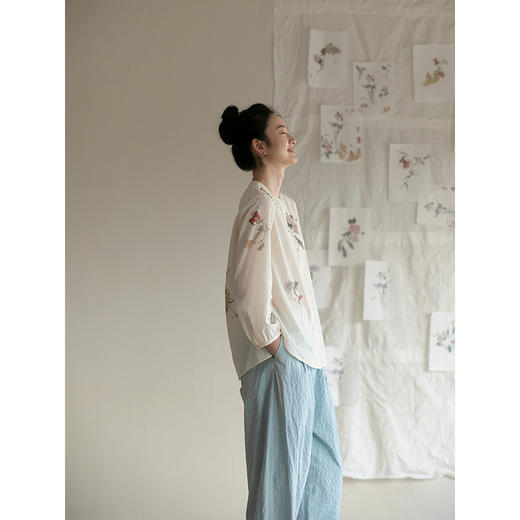 牧衣游原创100支新疆棉印花衬衫新品轻薄国画文艺百搭衬衣 水花香 商品图2