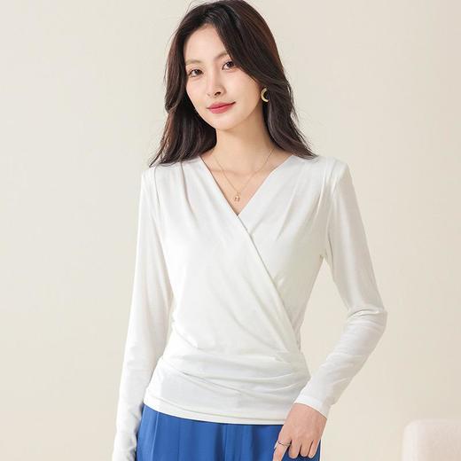 丁摩 桑蚕丝罗纹长袖T恤女交叉领打底衫JSY180065 商品图6