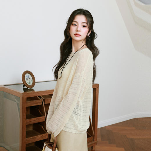 【严选】诗凡黎进口和纸纱镂空针织衫微透罩衫25夏新款套头轻薄慵懒风上衣7G3331421 商品图2