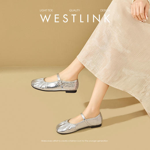 西遇法式单鞋女新款褶皱超软通勤圆头平底鞋银色玛丽珍鞋V0356343 商品图3