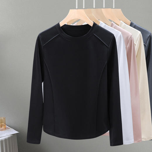 丁摩 圆领丝光棉长袖T恤女春秋季新款圆弧下摆内搭打底收腰修身上衣5ZF-6811 商品图8
