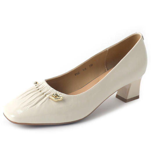 丁摩 春季真皮新淑女风方头中跟粗跟金属褶皱浅口43大码舒适单鞋女5ZF-3173 商品图5