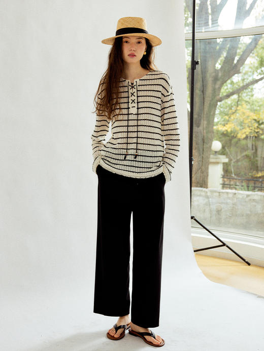 Even Vintage| 复古时髦条纹针织慵懒随性罗马领绑带镂空毛衣罩衫 商品图2