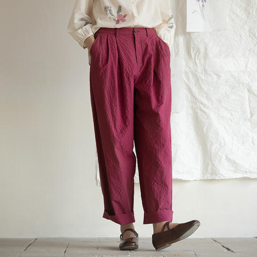 牧衣游原创 棉净色宽松长裤夏季宽松显瘦纯色文艺百搭休闲裤 余花 商品图0