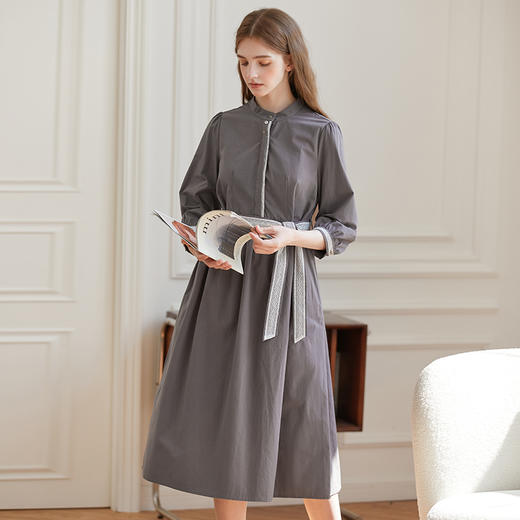 Famecoco范可儿立领极简收腰连衣裙女士秋季收腰花边长款衬衫裙F225FA005 商品图3