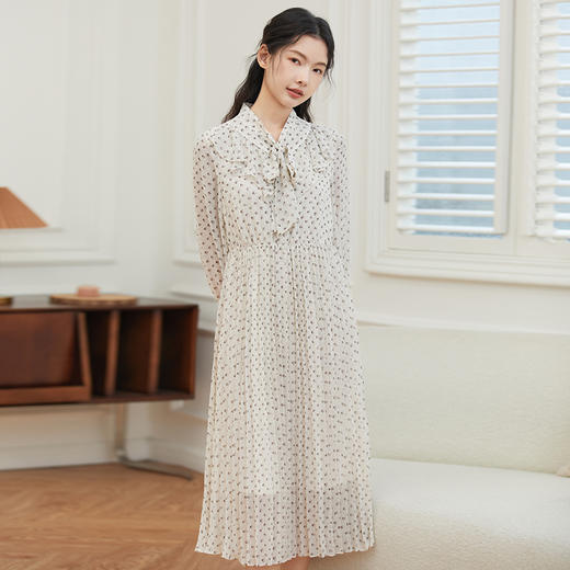 Famecoco荷叶领碎花温柔长袖高腰过膝连衣裙F225FA012 商品图3