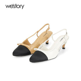 Westory2025年春季圆头小香风拼接撞色低跟单鞋后空通勤百搭空凉鞋W25AH58231
