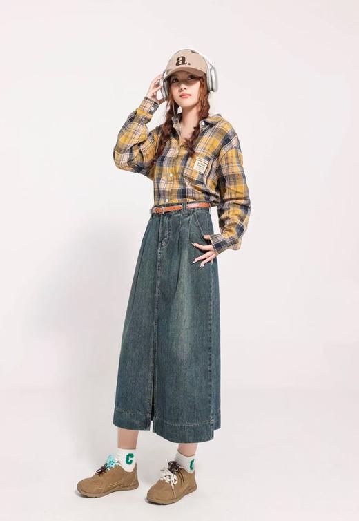 4.2特 爆款特卖～531褶皱设计高腰前开叉牛仔裙女中长裙半身裙-喜出 商品图1