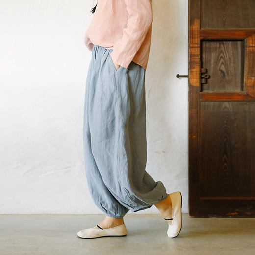 绽放099朵/小灯笼休闲裤春夏新款重磅皱纹砂洗亚麻灯笼裤文艺长裤 商品图1