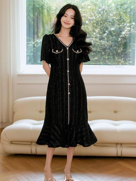 奢姿2025夏季新款大码女装法式V领气质裙子胖妹妹优雅鱼尾连衣裙9942863008 商品图1