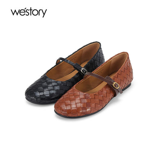 Westory2025年春季圆头平跟牛皮编织玛丽珍休闲老钱风浅口单鞋W25AE58271 商品图0