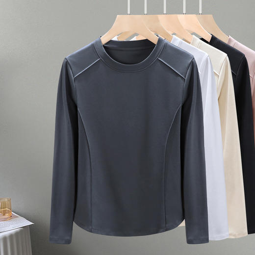 丁摩 圆领丝光棉长袖T恤女春秋季新款圆弧下摆内搭打底收腰修身上衣5ZF-6811 商品图3