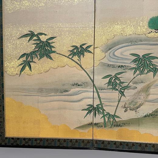 独角鹿西洋古董 19世纪日本江户时代出品「青松群鹤」主题金地纸本设色六曲屏风 商品图1