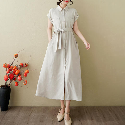 LZY9360棉麻连衣裙2025夏季新款文艺范纯色开衫裙时尚显瘦亚麻长裙 商品图1