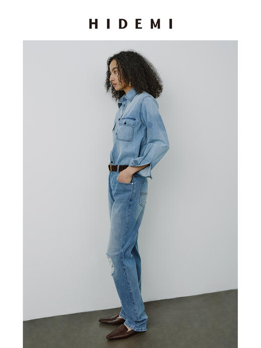 HIDEMI都市单宁系列多重水洗做旧感极简口袋设计感牛仔衬衫 商品图6