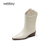 westory小方头粗跟短筒牛仔风套筒鳄鱼纹骑士靴秋冬新款82131 商品缩略图1