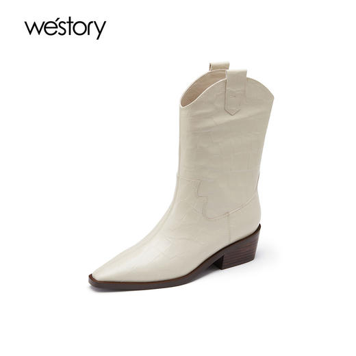 westory小方头粗跟短筒牛仔风套筒鳄鱼纹骑士靴秋冬新款82131 商品图1