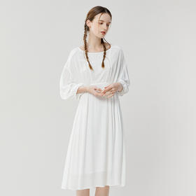 Famecoco范可儿夏季白色连衣裙飘逸垂感七分袖高腰休闲中长裙F223FA017