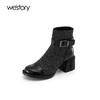 westory秋冬粗跟短靴圆头拼接扣带复古时装靴女靴袜靴黑色W21DS81511 商品缩略图0