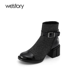 westory秋冬粗跟短靴圆头拼接扣带复古时装靴女靴袜靴黑色W21DS81511