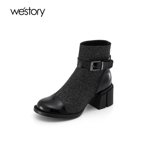 westory秋冬粗跟短靴圆头拼接扣带复古时装靴女靴袜靴黑色W21DS81511 商品图0