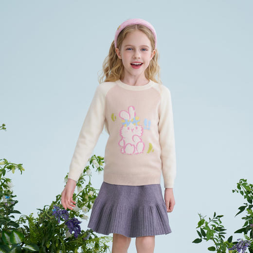 mettekids儿童100%羊绒衫2025春季新款可爱兔子女童圆领套头毛衣 商品图1