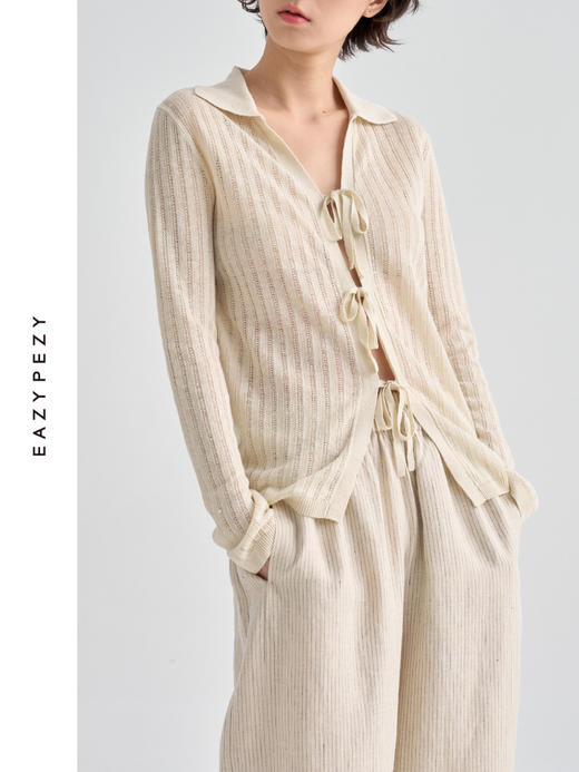 亚麻翻领系带针织开衫 商品图0