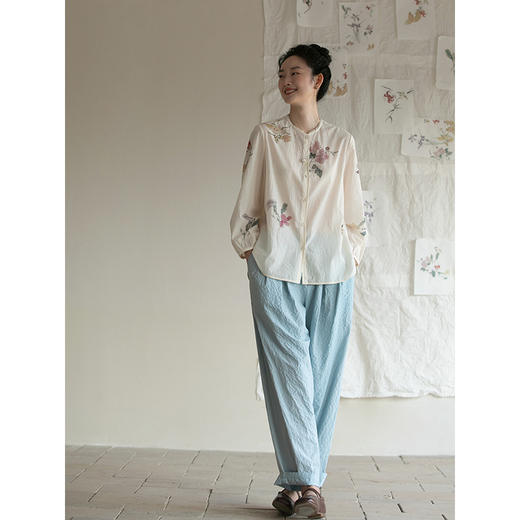 牧衣游原创 棉净色宽松长裤夏季宽松显瘦纯色文艺百搭休闲裤 余花 商品图1