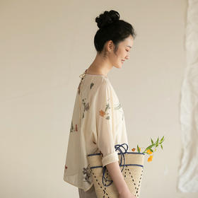 牧衣游原创 新疆棉印花套头衫轻薄国画七分袖圆领文艺上衣 清规