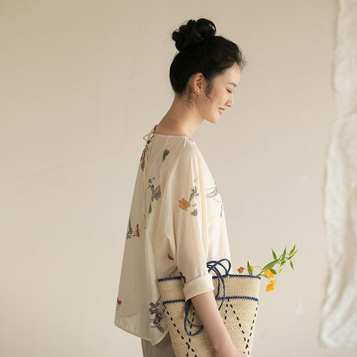 牧衣游原创 新疆棉印花套头衫轻薄国画七分袖圆领文艺上衣 清规 商品图0