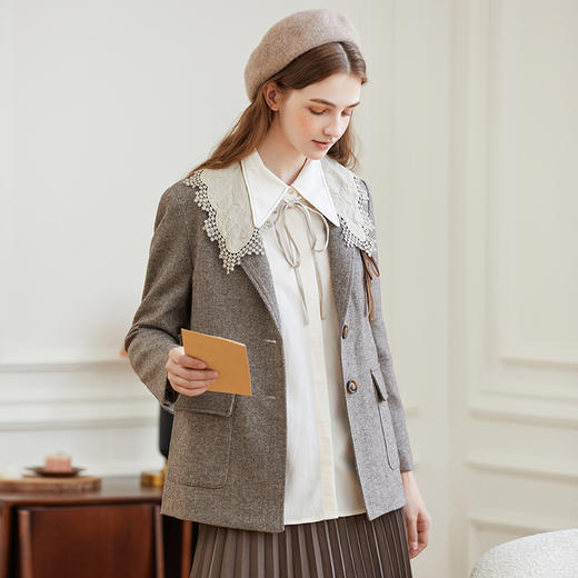 Famecoco范可儿羊毛职业西装女士秋季正肩直筒纯色小西服外套F225AW022 商品图2