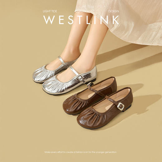 西遇法式单鞋女新款褶皱超软通勤圆头平底鞋银色玛丽珍鞋V0356343 商品图0