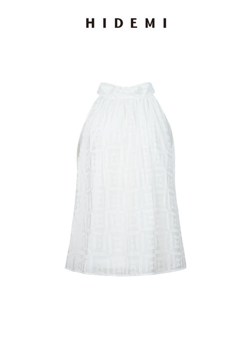 HIDEMI经典几何印花白色植绒复古剪刀领宽松衬衫背心百褶裙三件套 商品图11