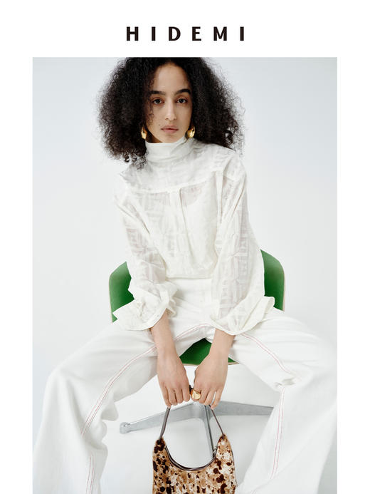 HIDEMI经典几何印花白色植绒复古剪刀领宽松衬衫背心百褶裙三件套 商品图8