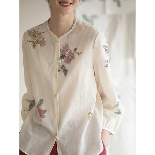 牧衣游原创100支新疆棉印花衬衫新品轻薄国画文艺百搭衬衣 水花香 商品图1