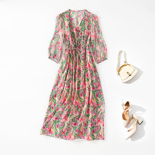 丁摩 法式V领收腰花边抽绳印花真丝连衣裙90476 商品图4