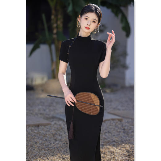 GX纯黑色改良新中式长款短袖旗袍2025春夏新款时尚大气日常可穿旗袍 商品图2